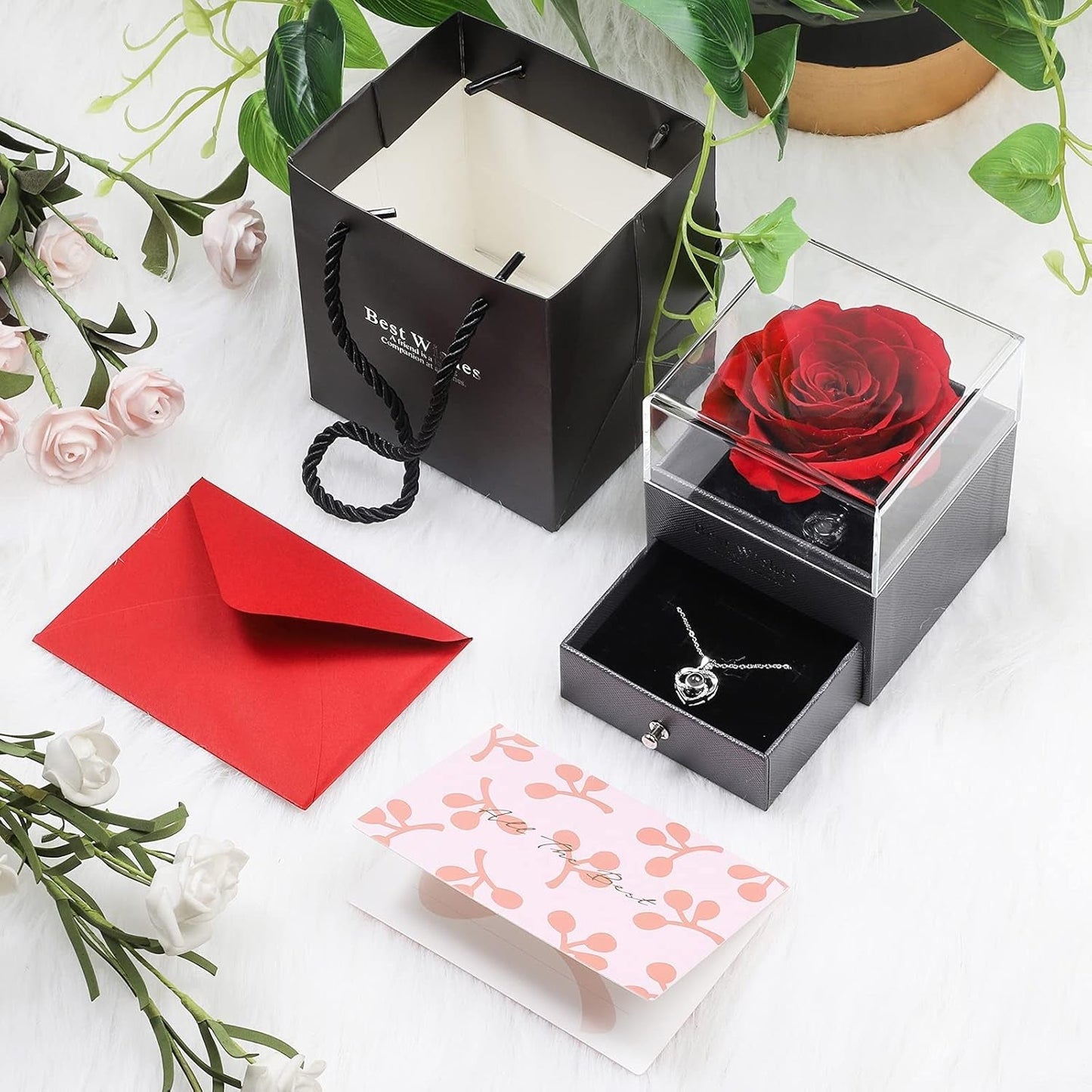 Forever Always - Rose with Heart Necklace and Greeting Card.